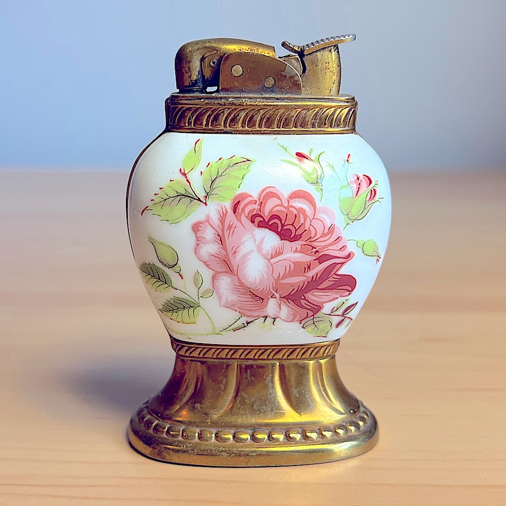 Vintage Evans Table Lighter Porcelain Base Rose Marke… Gem